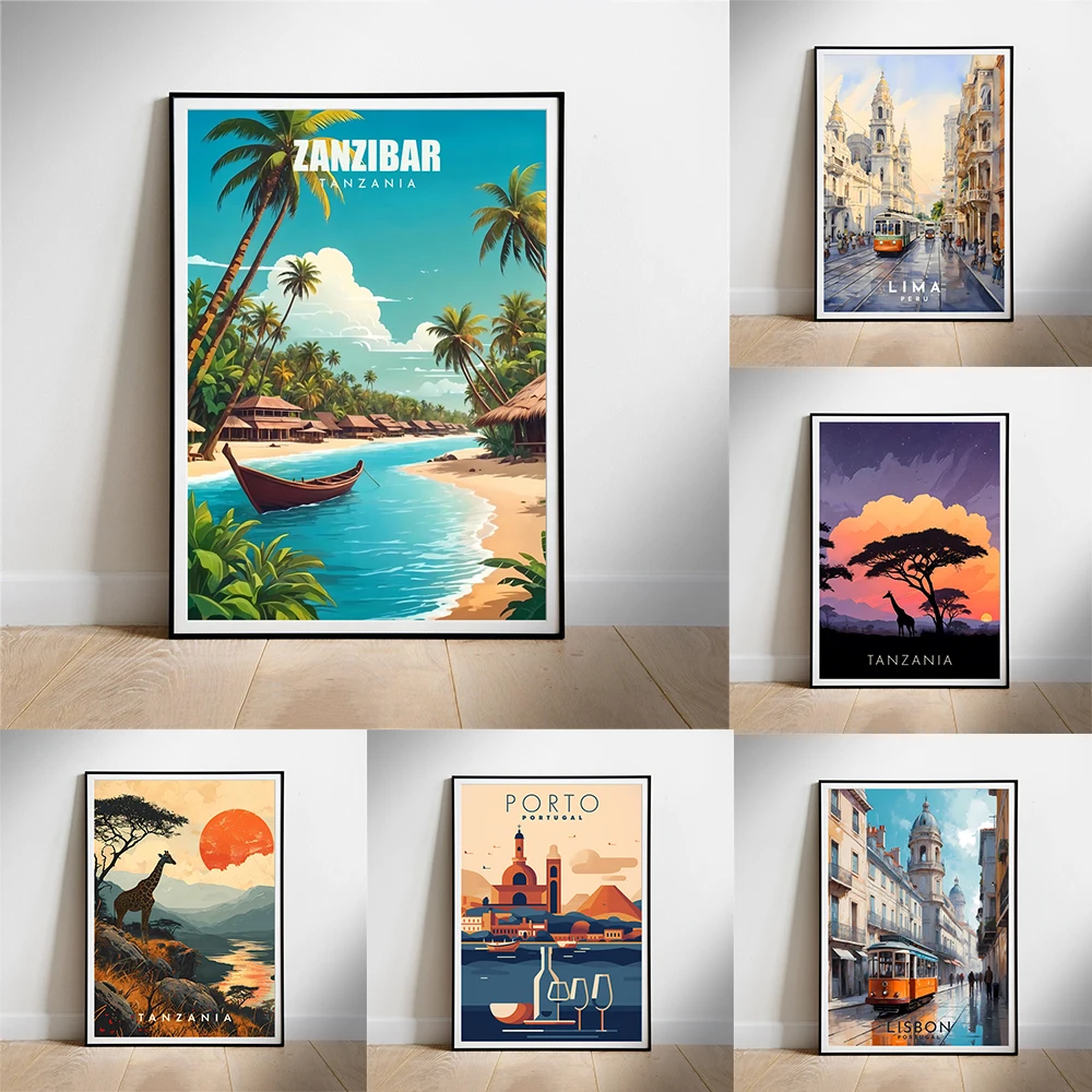 Lisbon Portugal Travel Poster Vintage City Street Print Tanzania National Park Travel Poster Vintage Wall Art Canvas Painting