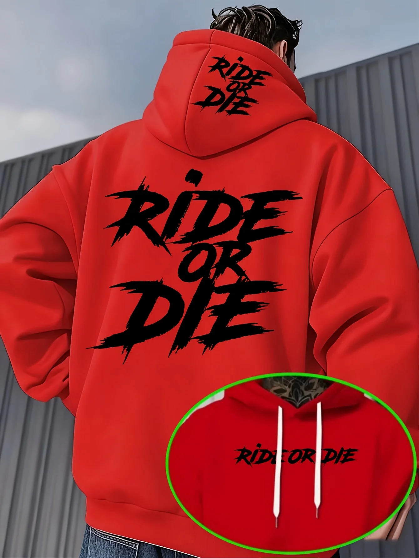 Herren Ride or Die Sport-Hoodie, Schwarzer Graffiti-Schriftzug, Beiger Oversized Pullover, Streetwear-Sweatshirt für Frühling und Herbst – Detail 4
