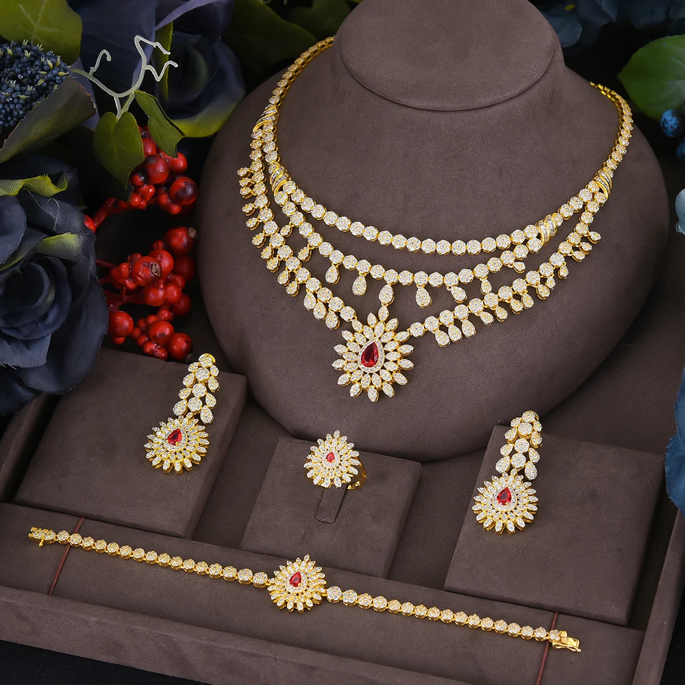 Siscathy African 3 Layer Jewelry Set For Women Wedding Zircon Quality Cubic Zirconia Bridal Wedding Evening Earring Necklace