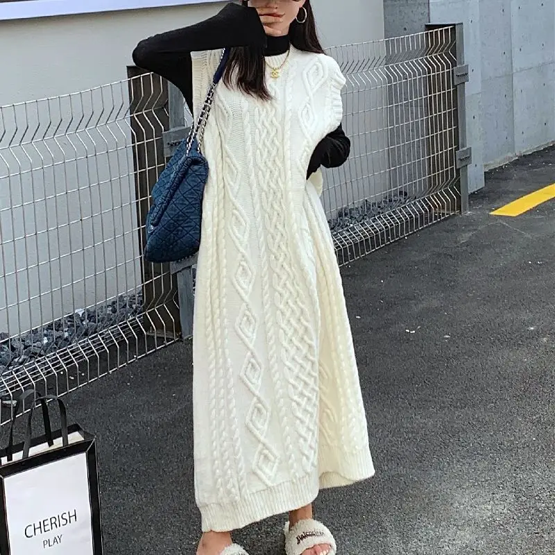 

European Long Knitting Vest Skirt Women's Autumn and Winter Lazy Style Korean Version Versatile Loose Fried Dough Twists Sweater