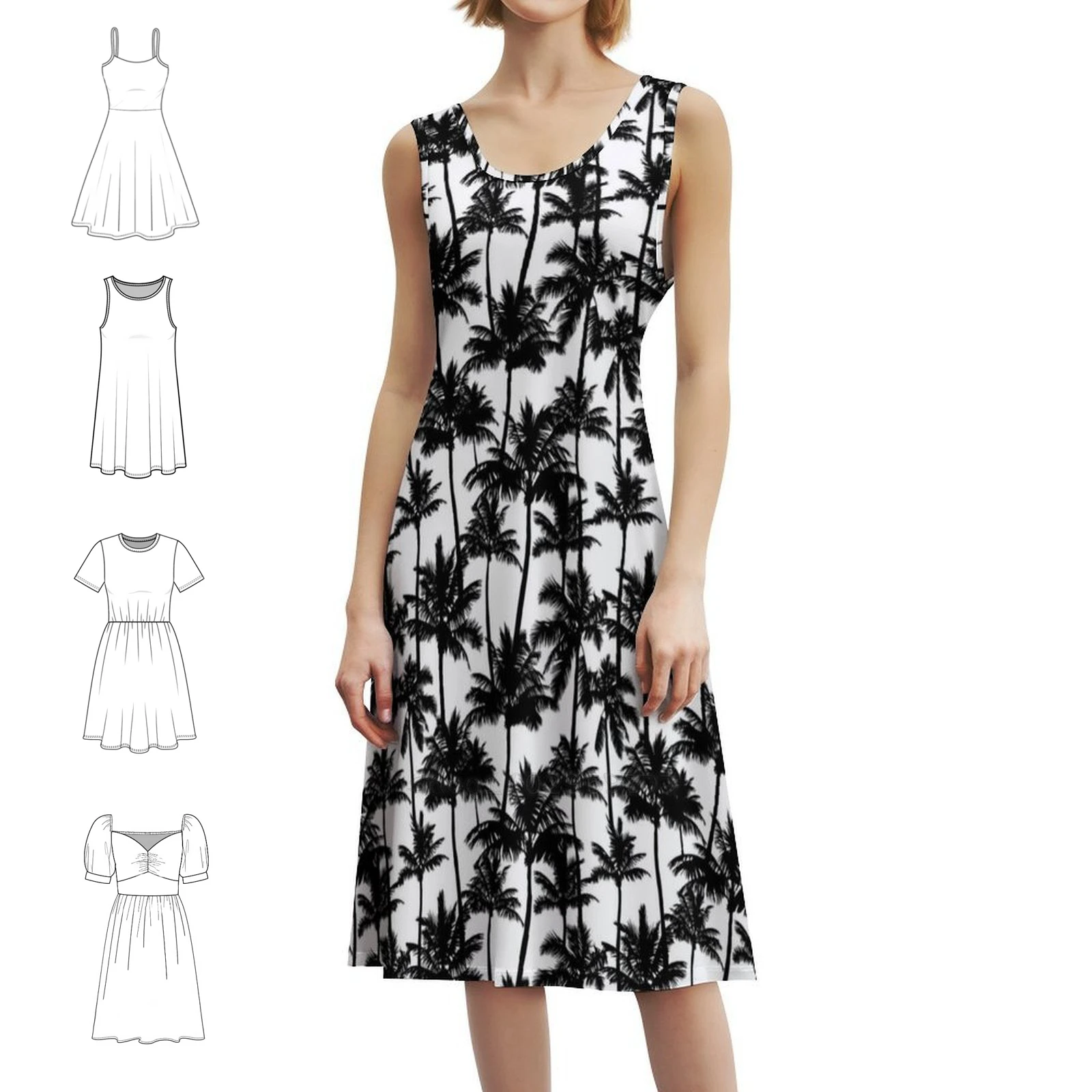 

Black Palm Trees On White Background. Bohemian Sleeveless Dress For Women Print Beach Party Dresses Pattern Tropical Climate