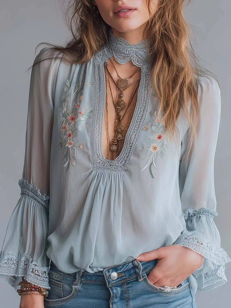 

Elegant Boho Blouse for Women's Lace Splice Floral Print Bell Sleeve Soft Casual Spring Vintage V-Neck Shirt Ruched Tops Blusas