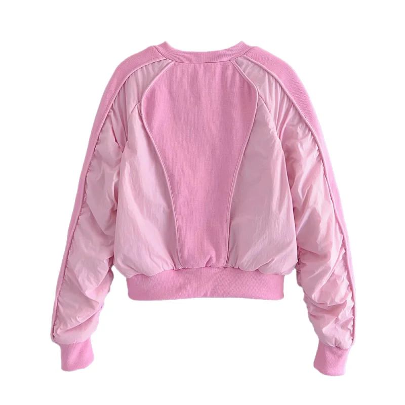 Women’s Winter Bright Pink Soft Fabric Short Baseball Collar Cotton Puffer Jacket Zipper Pockets Zip Front Closure