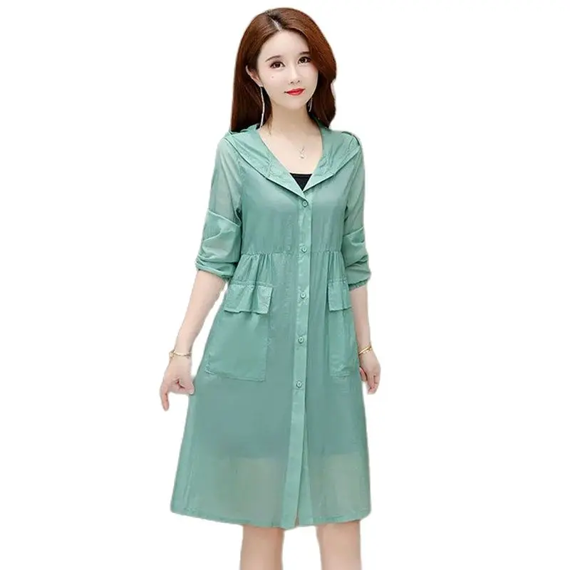 

Hooded Thin Windbreaker Women's Trench Coat 2023 New Summer Mid-Length Sunscreen UV Protection Coat Outerwear Female 5XL