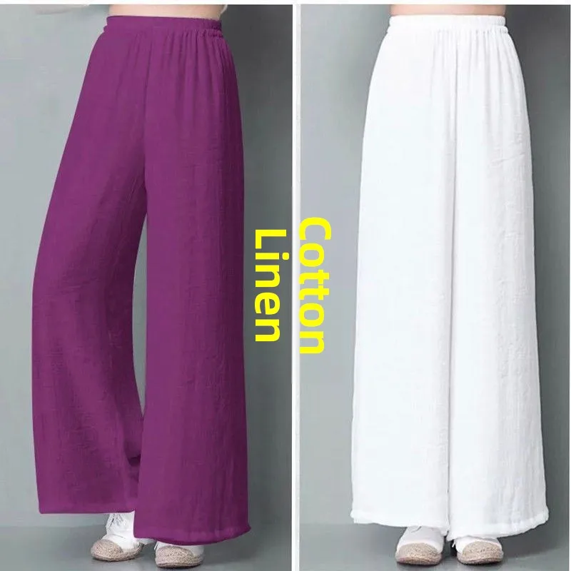 

High Waist Wide Leg Cotton Linen Casual Pants Women's Summer Ethnic Style Loose Fit Versatile Hanfu Casual Vintage Long Trousers