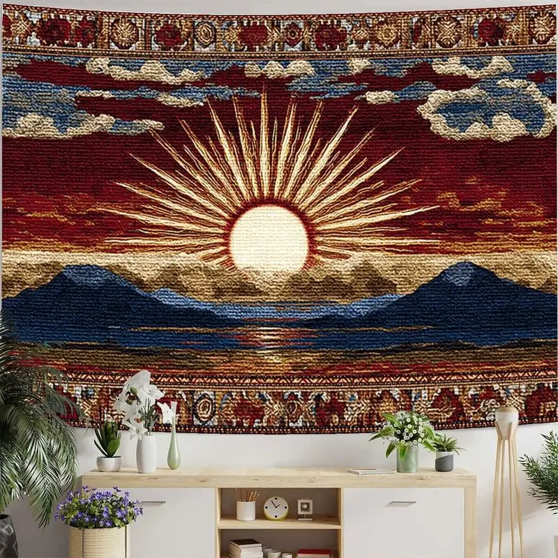 VIKAMA Wall Tapestry Bohemian Vintage Sunrise Mountain Tapestry Medieval Weaving Wind Sun God Printed Room Decoration Print