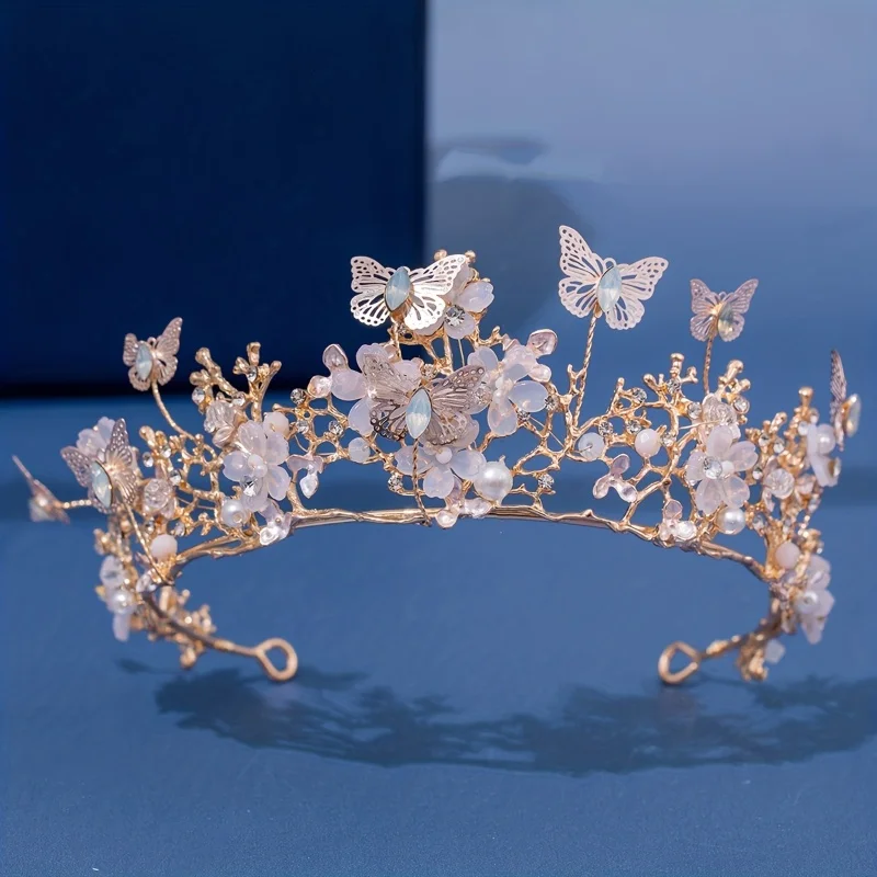 Baroque Pearl Rhinestone Crown Flower Butterfly Princess Tiara Headband Hairband Women Bridal Wedding Hair Accessories Jewelry
