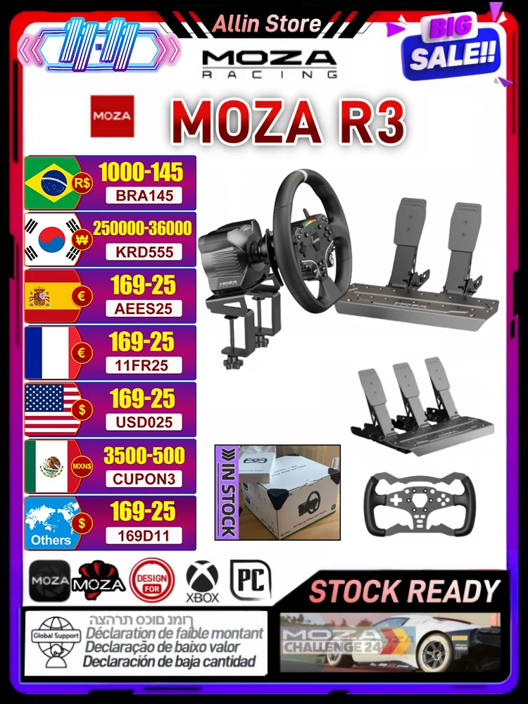 MOZA R3 Racing Wheel and Pedals for Xbox & PC 3.9 Nm of torque continuously output fully compatible with mainstream games