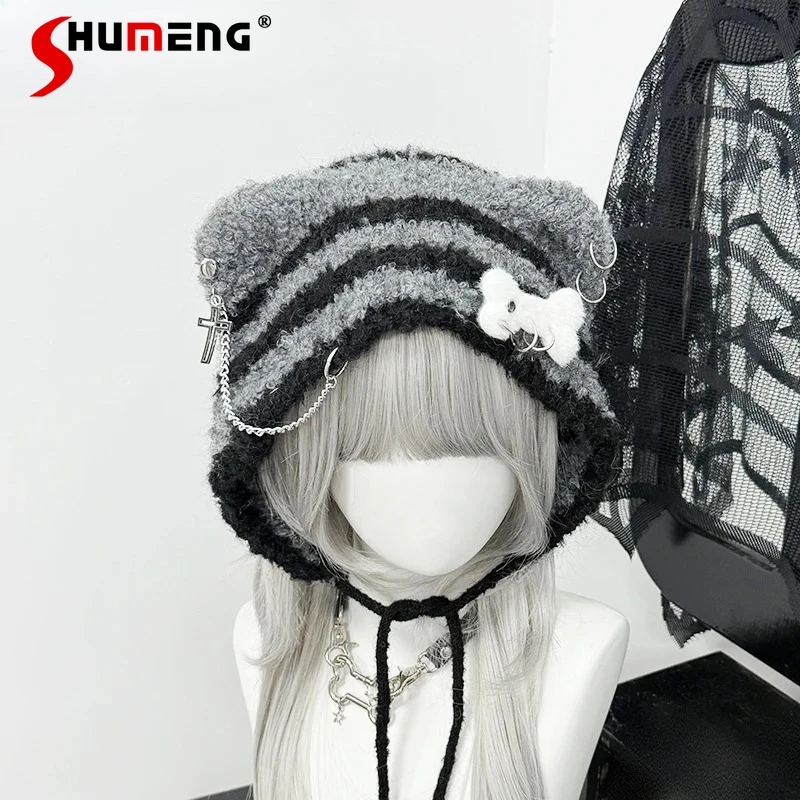 

Original Subculture Japanese 2D Cat Ear Knitted Hats Spring Autumn New 2025 Girls Sweet Cute Kawaii Striped Plush Hat Skullies