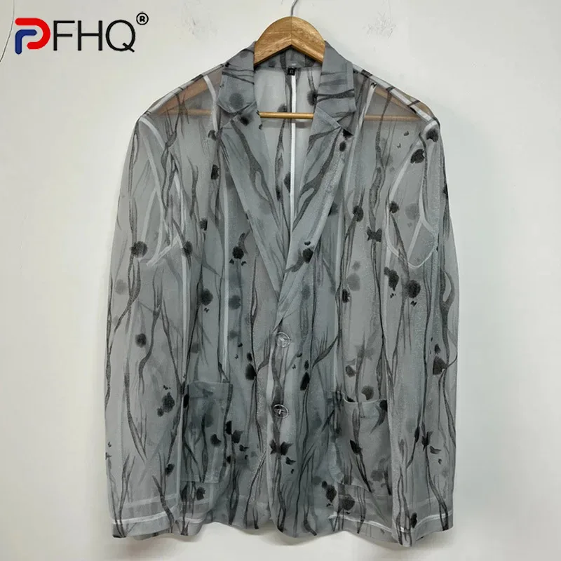 PFHQ Men\'s Ink Print Blazers Perspective Organza Clothing Summer Sun Protection Designer Sexy Art Delicacy Popular Coat 21Z4409