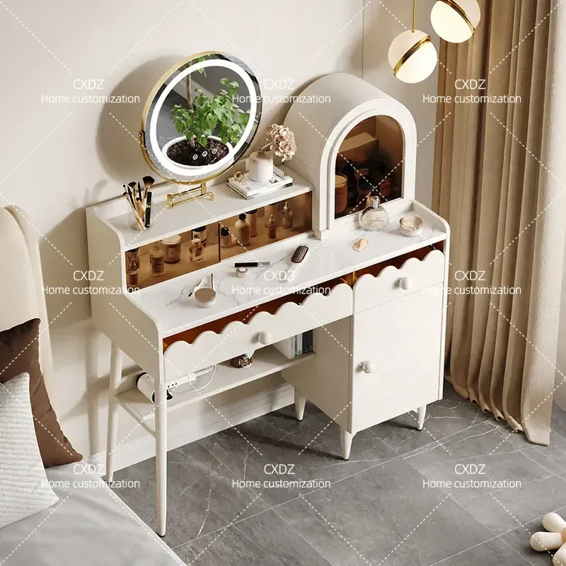 Modern Simple Cream Style Dresser with Storage Cabinet Solid Wood Rock Slab Makeup Table for Bedroom Small Vanity Desk for