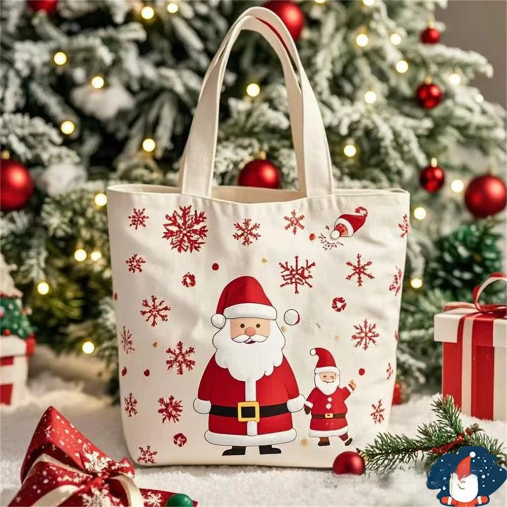 Christmas Gift Bag Cartoon Santa Claus Elk Xmas Tree Print Canvas Tote Bag Cute Holiday Shopping Bag Happy New Year Xmas Handbag