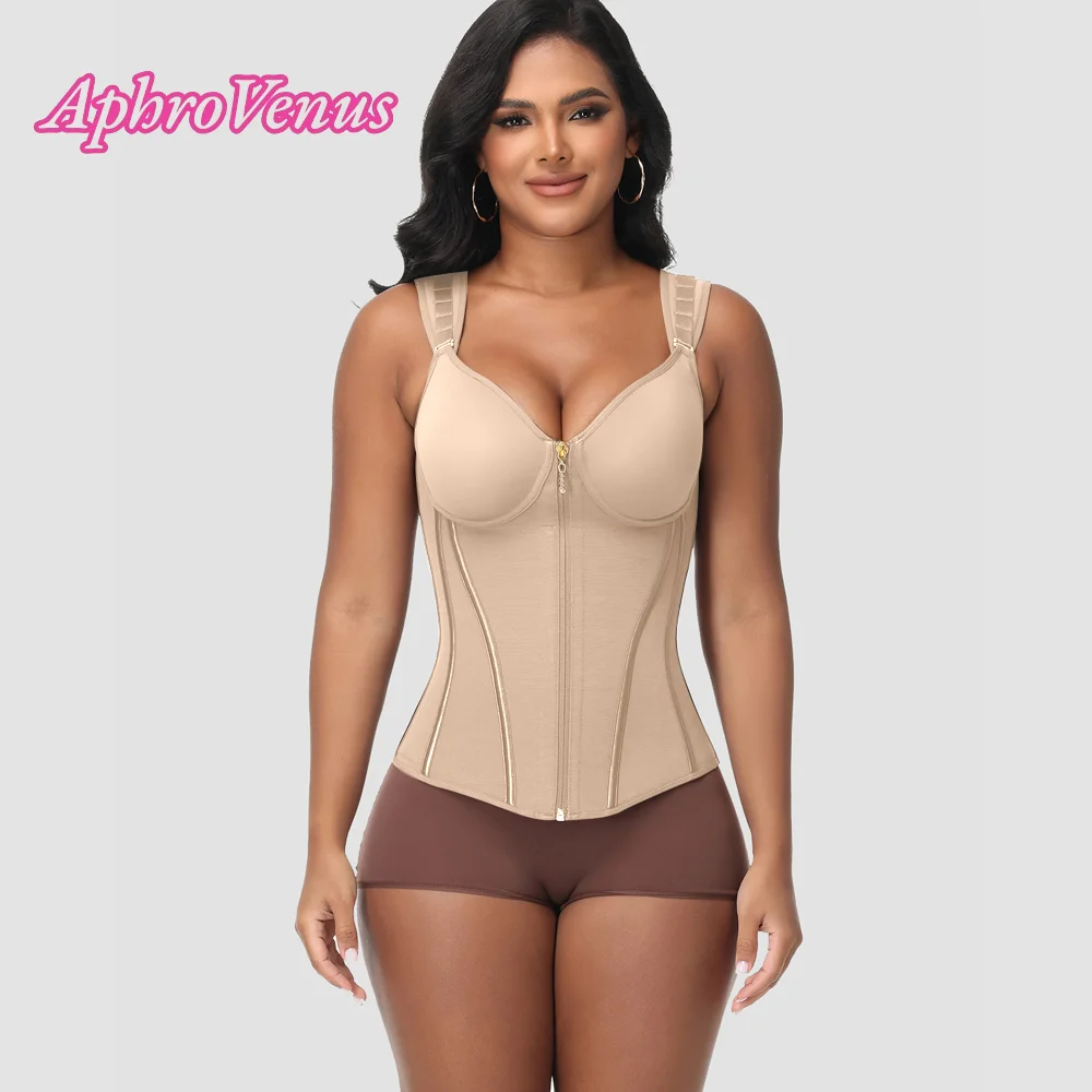 Postpartum Colombian Fajas Waist Trainer Corset Zipper Tummy Control Body Shaper with Bust Support & Adjustable Straps for Women