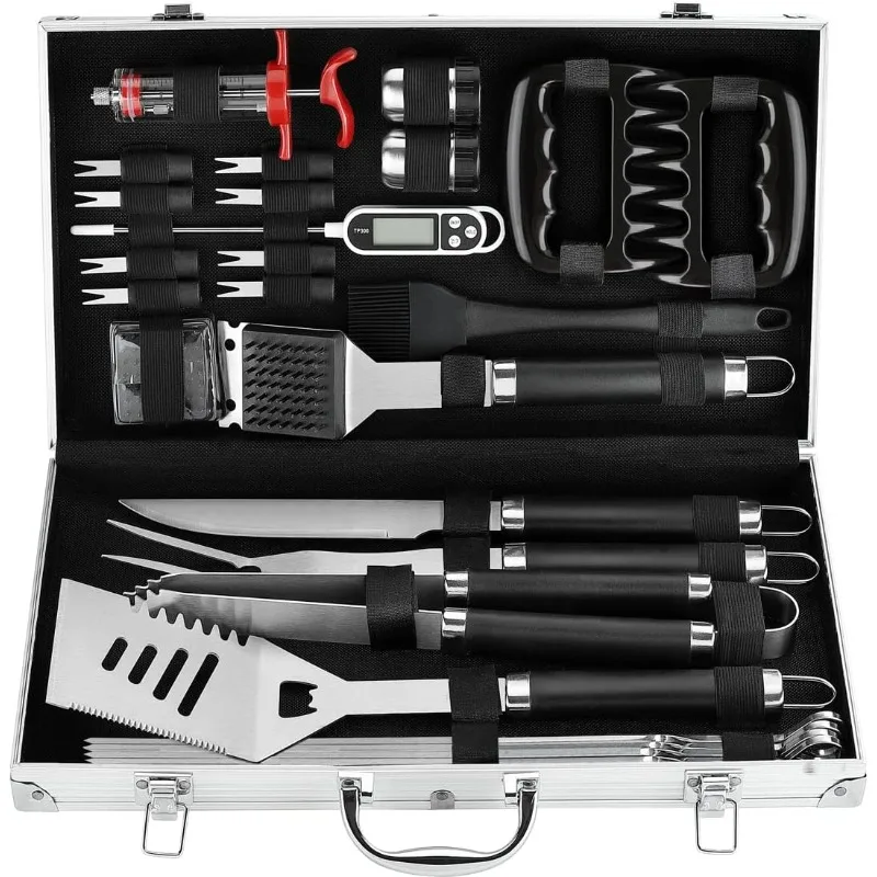 POLIGO 26PC Exclusive BBQ Grill Accessories in Aluminum Case for Birthday Father's Day Grilling Gifts - Premium Grill Utensils