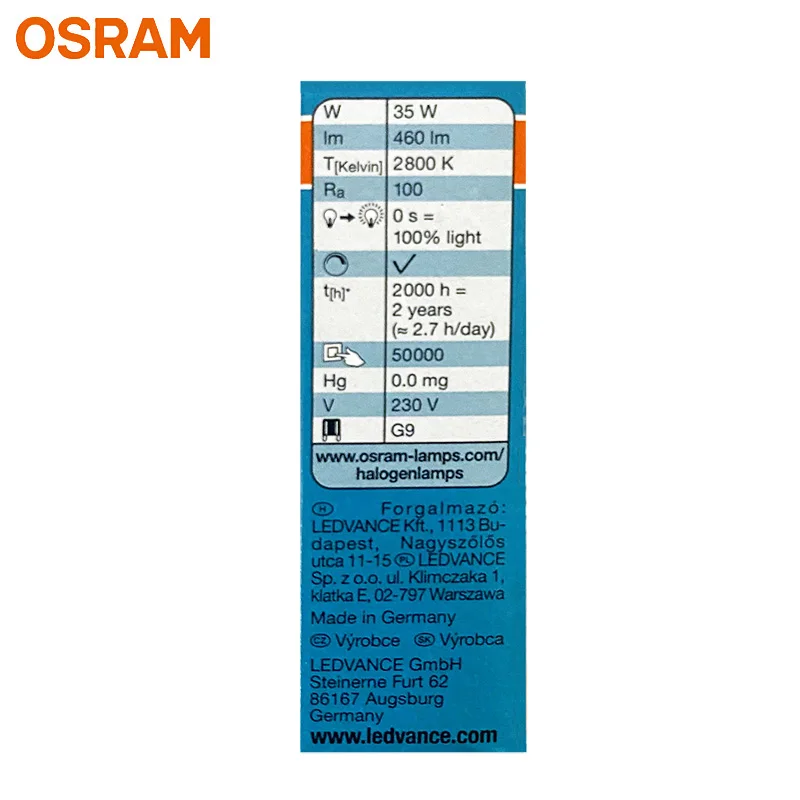OSRAM G9 66733 Halogen Lamp 35W 220-240V HALOPIN PRO Decorative Pin Bulb 2800K Warm Yellow Dim Table Desk Wall Crystal Light