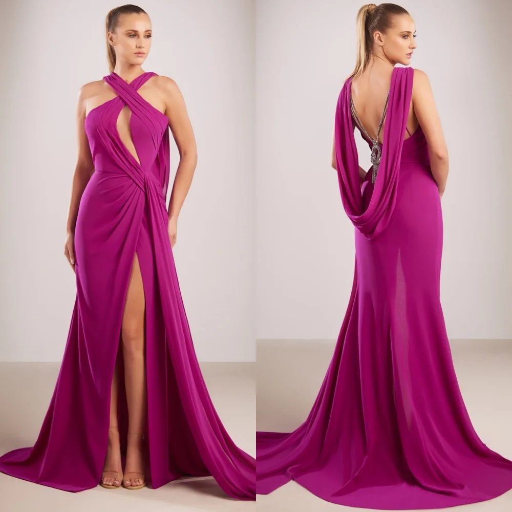 

Customized Sizes Available Jersey Pleat A-line Backless Long Dresses Bespoke Occasion Exquisite Classic