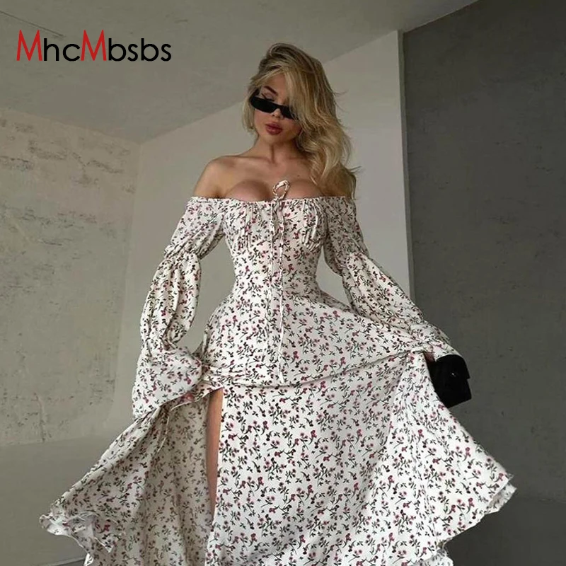 

Sexy Slash Neck Floral Print Maxi Dress Women Long Sleeve High Slit Party Vestido 2024 Spring Fall Elegant Night Prom Clothes