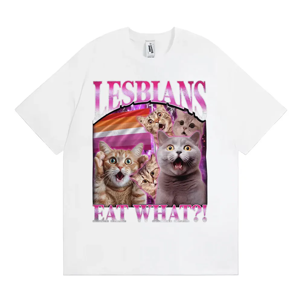 المثليات يأكل ما مضحك القط ميمي تي شيرت الرجال النساء موضة خمر تي شيرتات قصيرة الاكمام عالية الجودة عادية القطن 100% تي شيرت #4