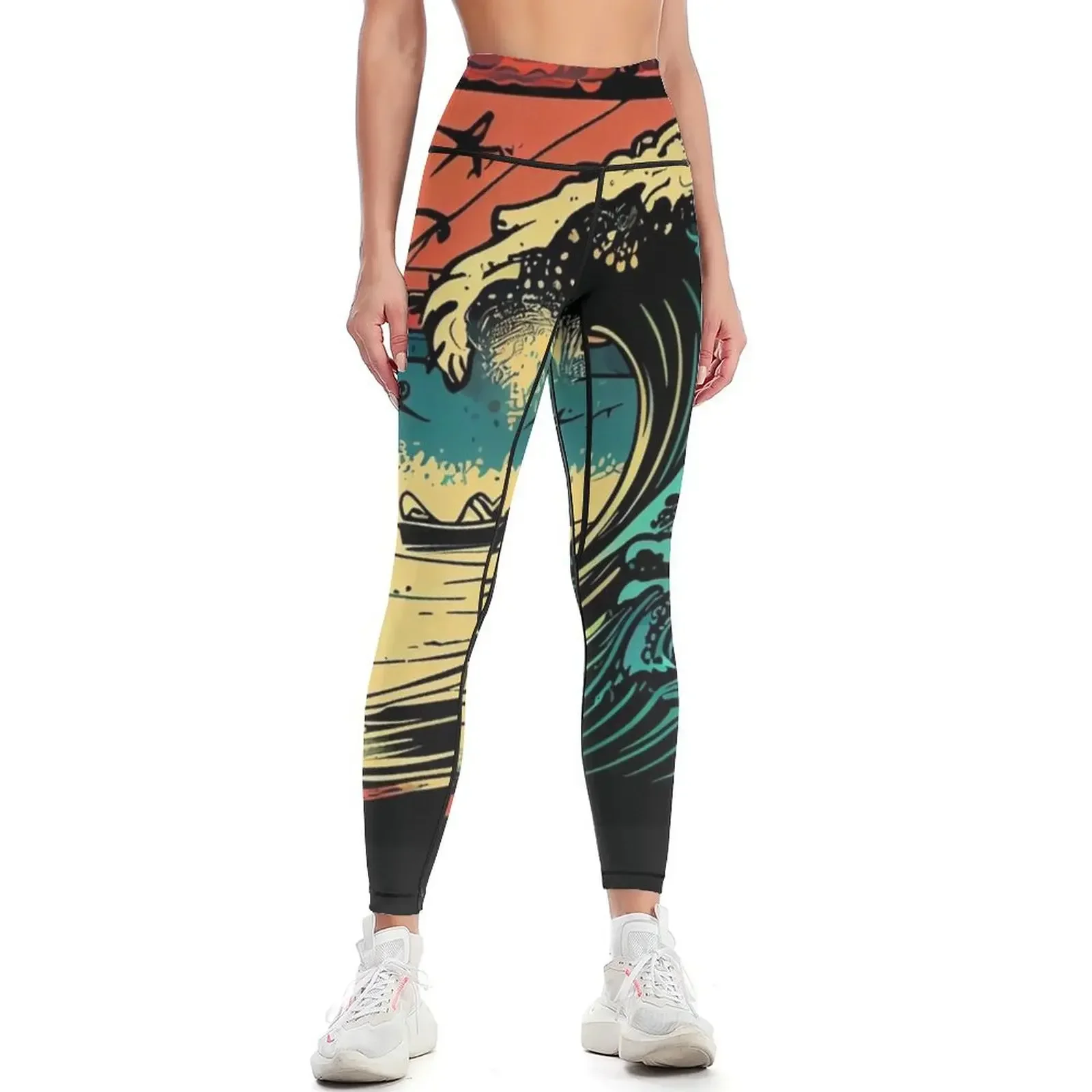 

SURF the WAVES colorful retro design, surfing sport art Leggings Women's sports pants sport pants trousers Womens Leggings