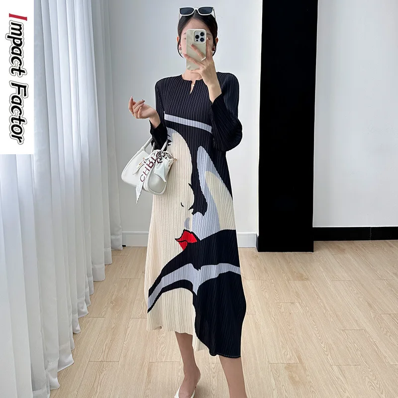 

Miyake Pleated Dress 2024 Autumn New Women's High End Fashion Print Pleated Temperament Reduced Age Mid Length Dress