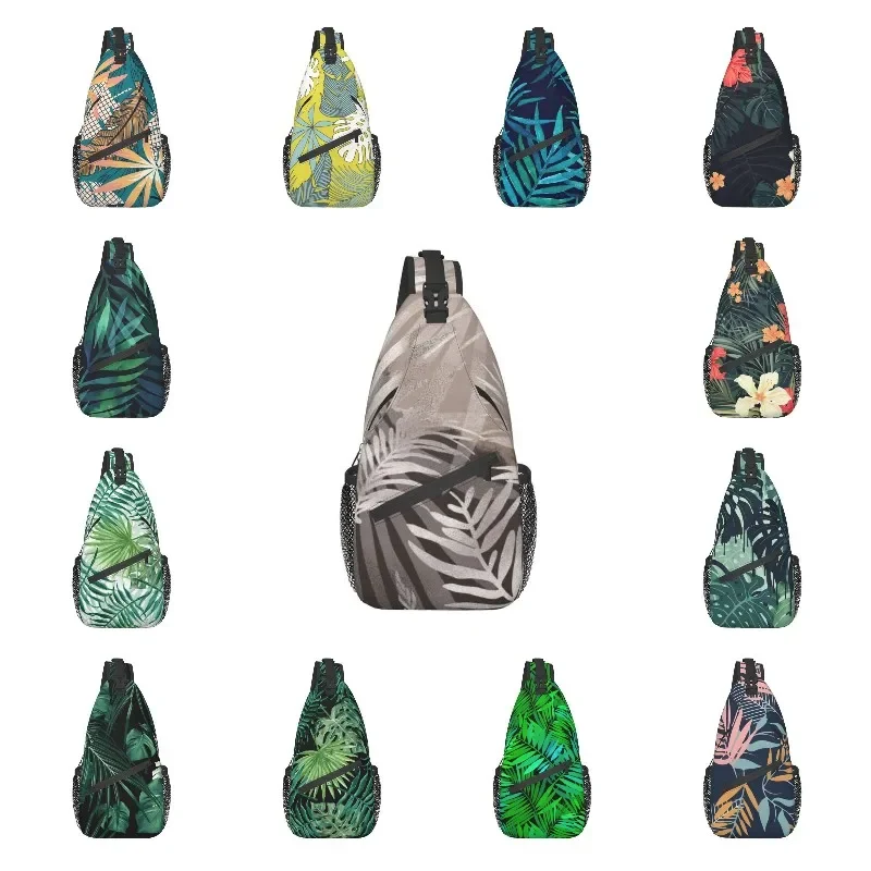 

Glam Leaves In Neutral Tones Sling Chest Bag Customized Tropical Plants Crossbody Shoulder Backpack for Men Traveling Daypack