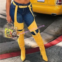 Buckle Belt Hollow Thigh High Boots Solid Chunky Heels Pointy Toe Pleated Women Winter Shoes High Heels Sexy Women's Long Boots