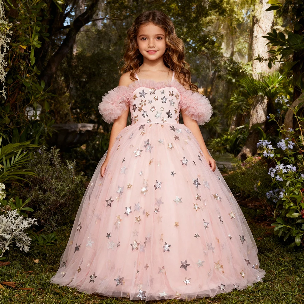 

Light Pink Sparkle Star Little Flower Girls Dresses for Wedding Baby Party Frocks Princess Children Photo Shoot Dress Tutu Gown