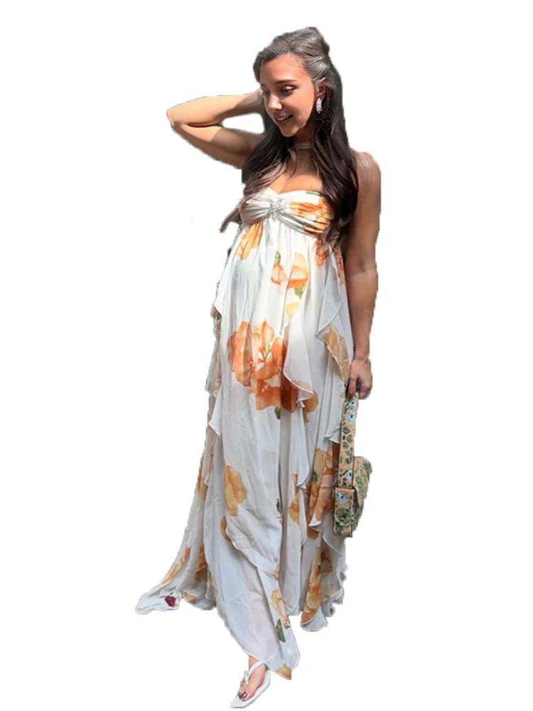 Boho Floral Maternity Photoshoot Dress Beach Chiffon Maxi Gown Halter Pregnancy Outfit Summer Baby Shower Photography Boutique