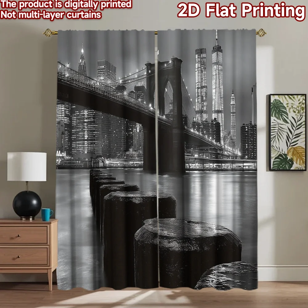 2D flat 2pcs Curtain French Romantic Style Brooklyn Bridge Skyline Night Digitally printed polyester, colorfast Party