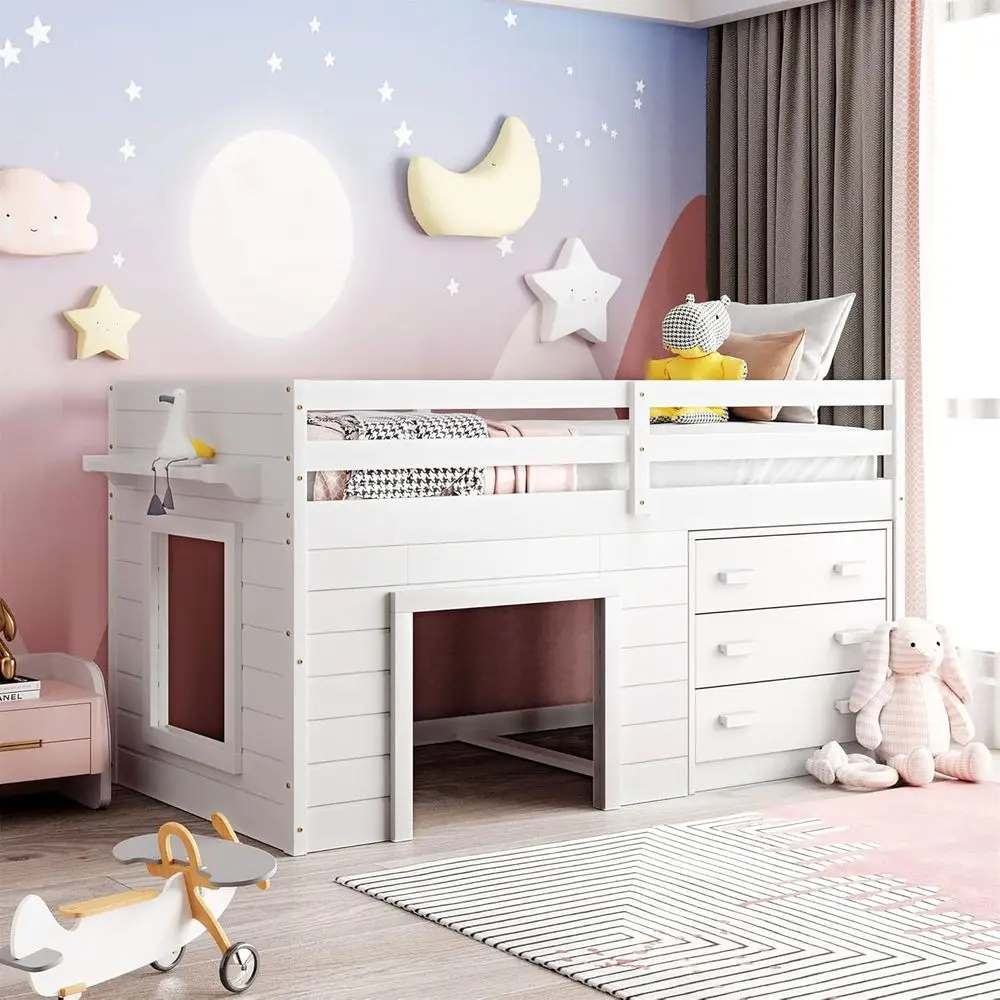 

Twin Size Wooden Low Loft Bed with Storage Cabinet and Bed Tray for Kids, White