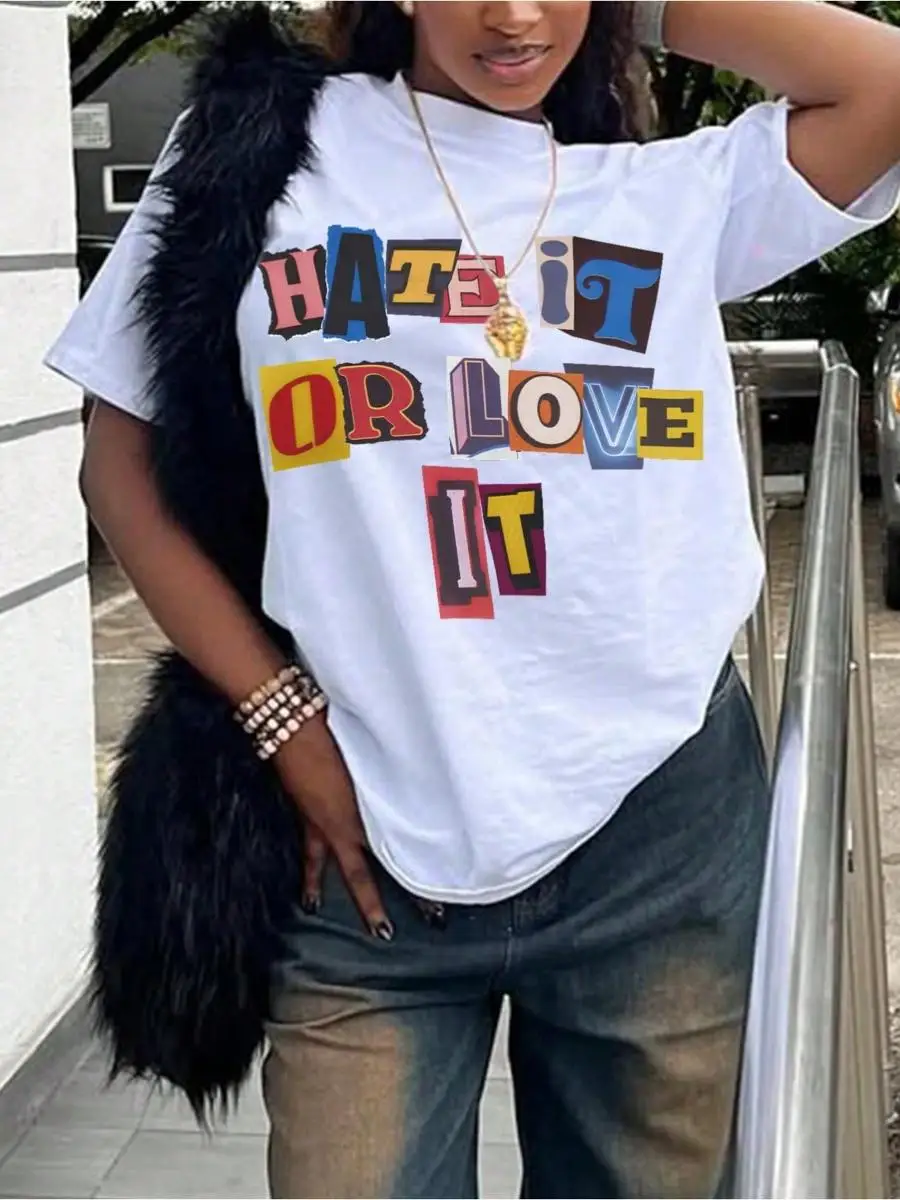 Women Slogan Print Crew Neck Short Sleeve Casual T-Shirt