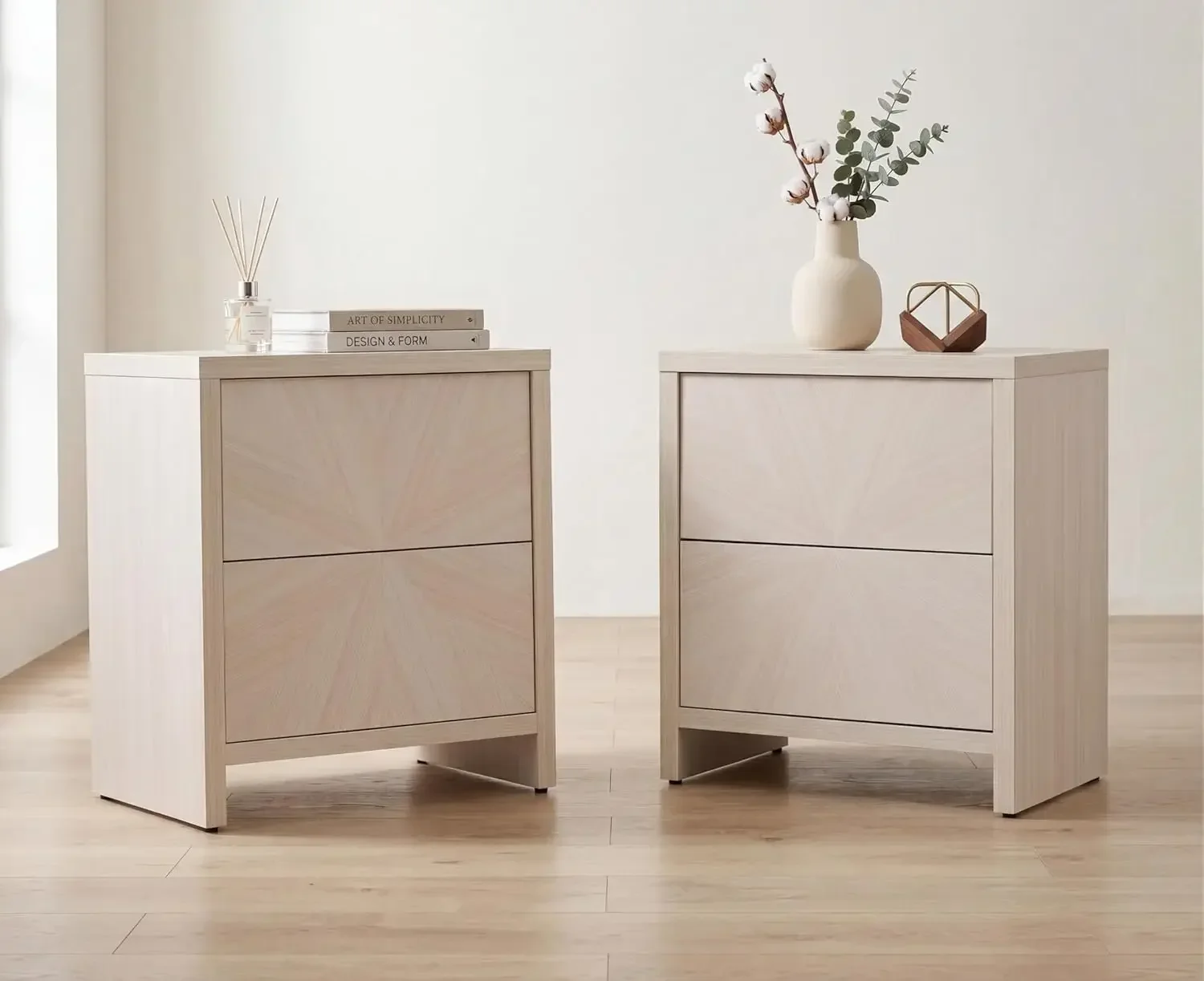 Washed White Oak Nightstand Set of 2- Antique Bedroom Nightstand Side Table Bedside Table Accent Table Mid Century Modern Farmho