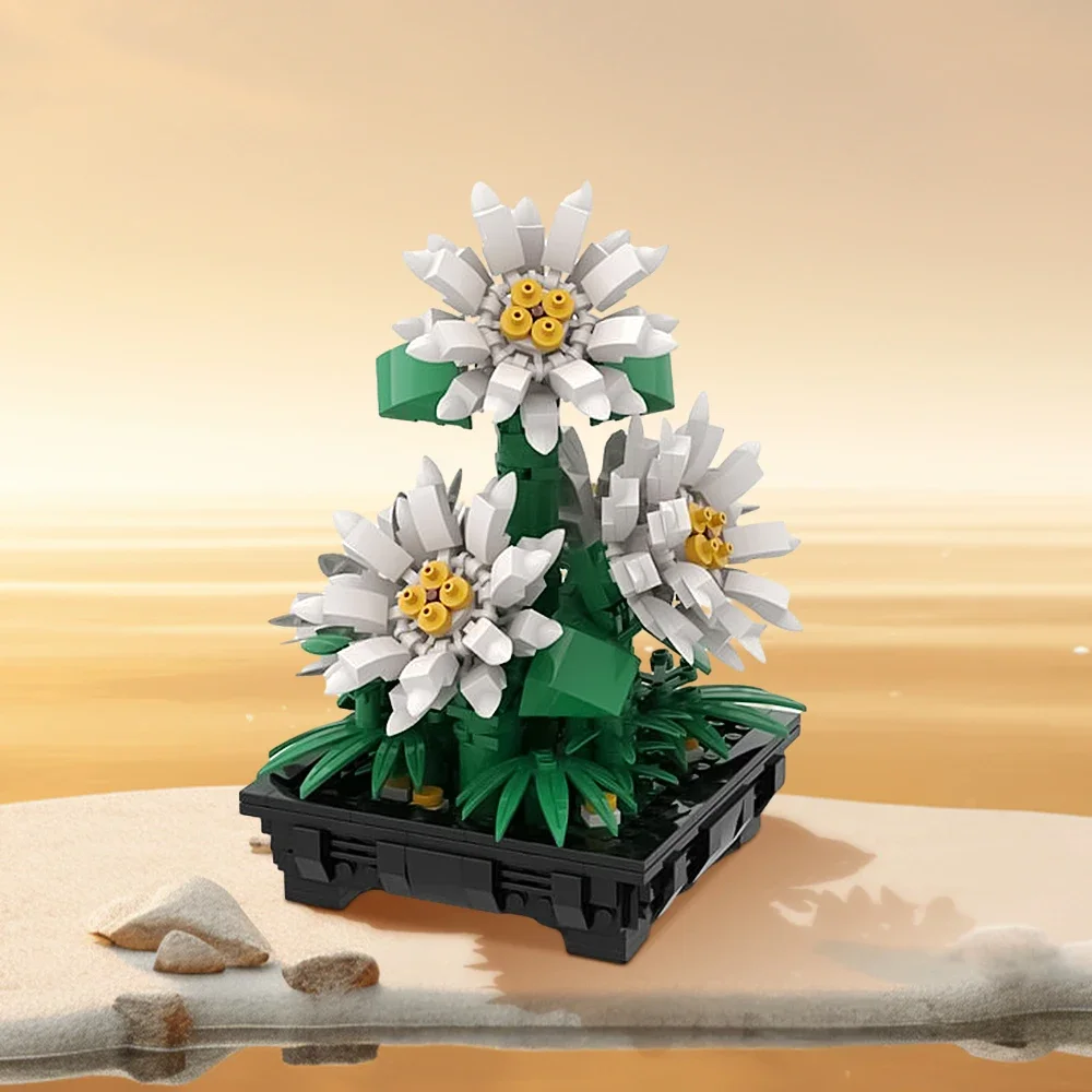 MOC Potted Plant White Daisies Building Blocks Insect Bee Butterfly Dragonfly Flower Model DIYBricks Part Toys For Children Gift