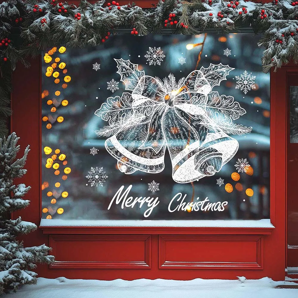 Frohe Weihnachten-Dekoration, weiße Schneeflocke, Glocke, Fensteraufkleber, Weihnachtsdekoration für Zuhause, Navidad 2025, Neujahr, Fensteraufkleber, Noel