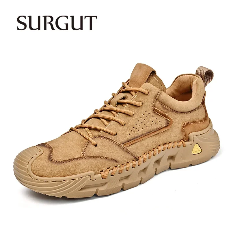 SURGUT Handmade Men's Casual Shoes Genuine Leather Breathable Anti-Collision Wear-Resistant Rubber Fashion Thick Sole Shoes Men