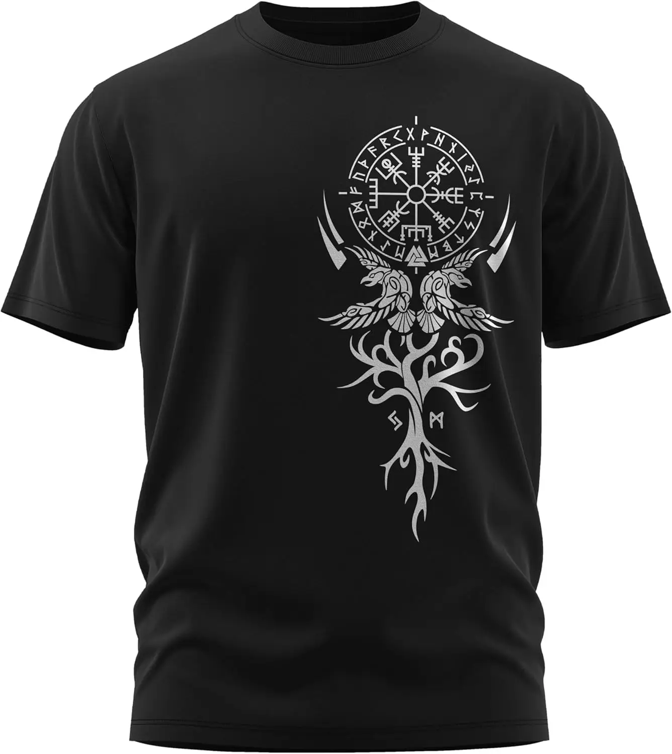 Nordic Style Odin Ravens Valknut Symbol Compass Vegvisir Rune T-Shirt 100% Cotton O-Neck Short Sleeve Summer Casual Mens T-shirt