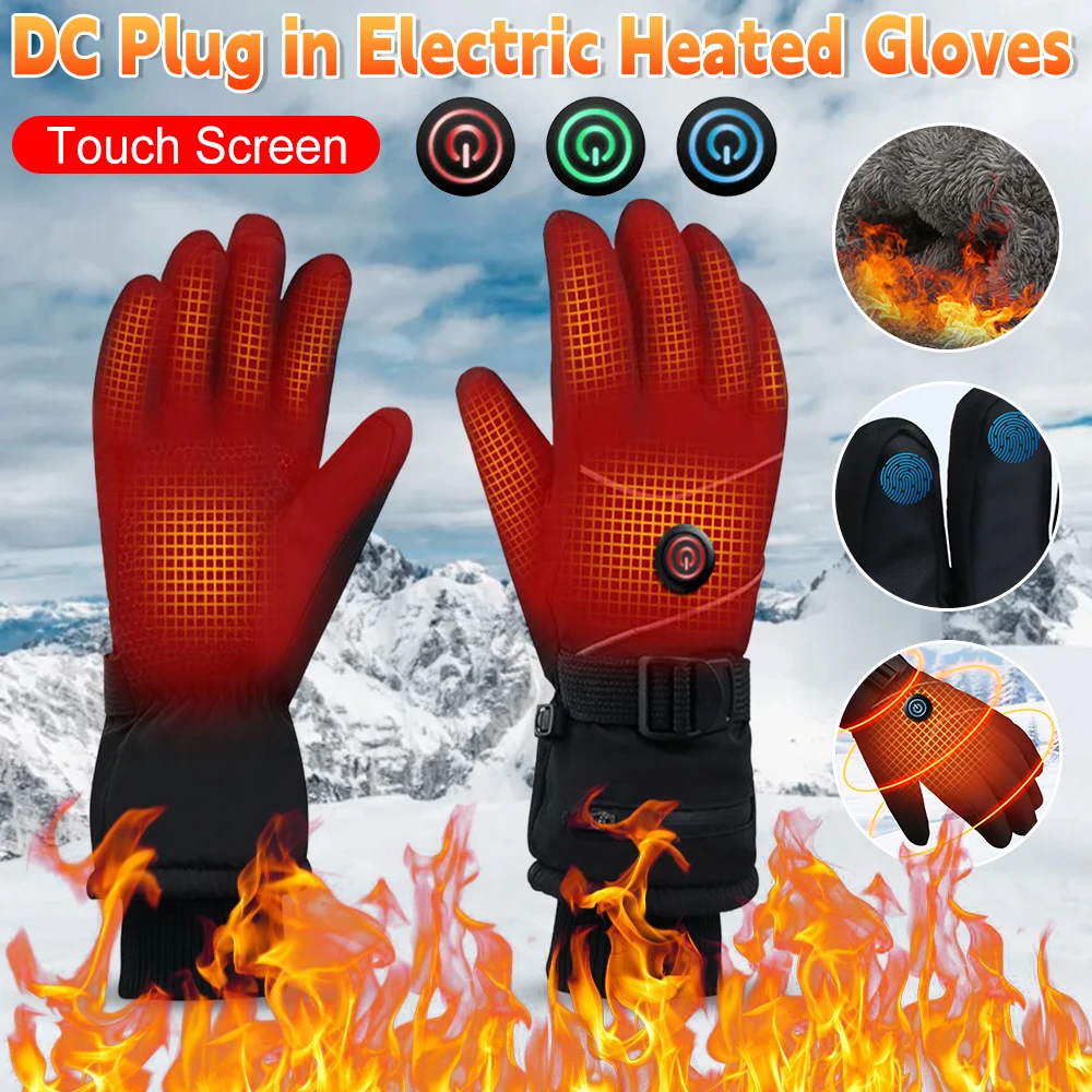 

DC Plug in Electric Heated Gloves Winter Warm Heated Gloves Touch Screen Winter Windproof Heated Thermal Skiing Motorcycle Glove
