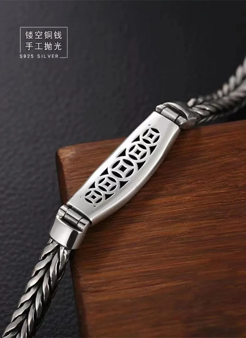 Wholesale S925 Silver Bracelet Men's Six-Character Mantra Woven Thai Silver Ladies Retro Vintage Jewelry Bangle Birthday Gift