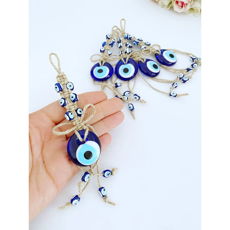 Bohemian Style Wind Chimes & Hanging Decorations with Handwoven Macrame and Turkish Blue Evil Eye Glass Ornament Home Decor Gift