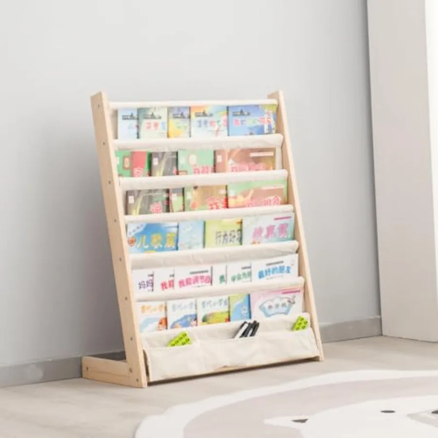 6Tier Wooden Bookshelf for with Natural Finish Ideal for Bedroom Living Room and Playroom Storage Organizer Canvas Book Rack fo