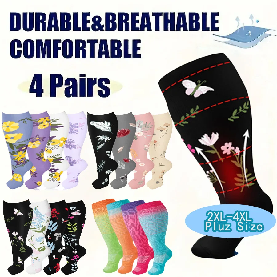 

4 Pairs Plus Size Compression Socks For Men And Women - Support Knee-High Socks, Ideal for Running, Cycling, Travel, and Soccer