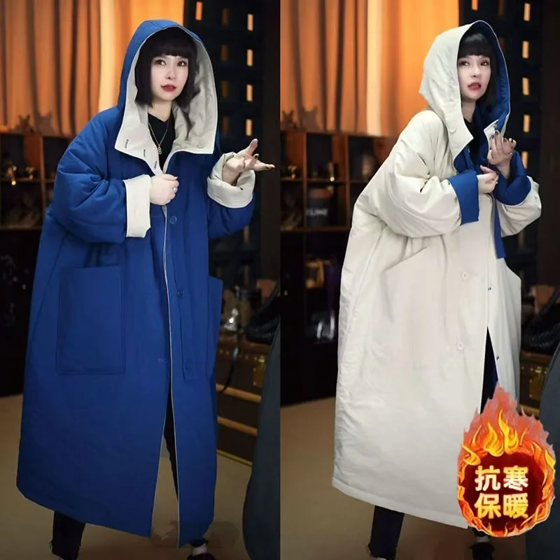 

2025 Winter New Double Sided Puffer Jacket Women Men Color Block Warm Thickened Cotton Coat Loose Casual Mid-Length Cold Resista