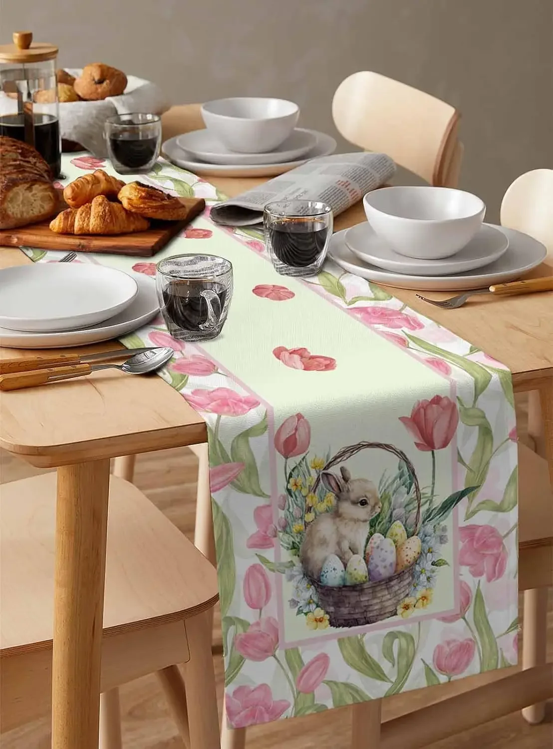 Easter Bunny Egg Tulips Floral Linen Table Runner Dresser Scarves Table Decor Kitchen Dining Table Runner Easter Decorations