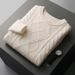 Men's 100% wool cashmere sweater winter thick pullover O-neck jacquard solid color bottoming shirt warm plus size knitted coat