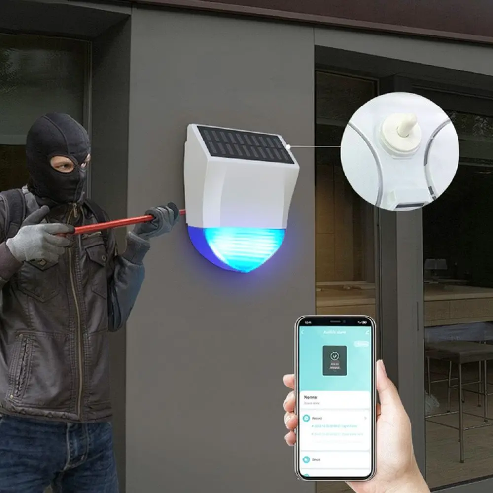 Outdoor Solar Powered Siren Alarm WiFi Zigbee Matter Smart Home Security Wireless Strobe Warning Light Waterproof