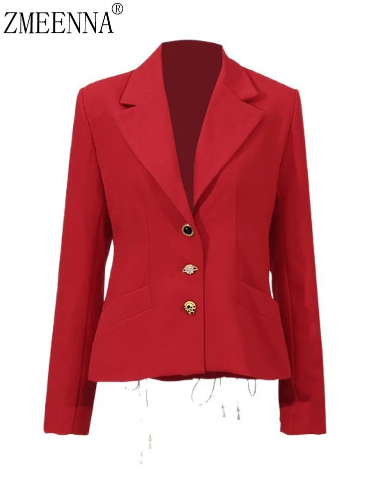 

ZMEENNA Chic Women's Red Blazer With Unique Gold Buttons Long Sleeve Formal Jacket For Party Stylish Outerwear ZM3539