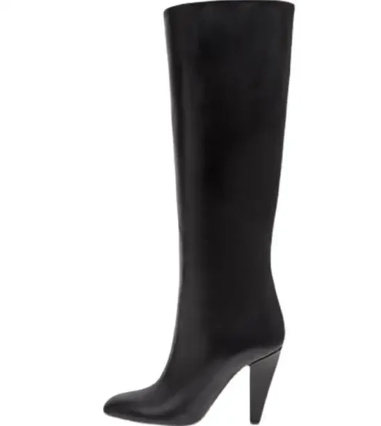 

Winter New Sexy Ladies Black Apricot Brown Solid Leather 90 MM Spike Heels Knee High Top Boots Round Toe Slip On Long Botas Shoe