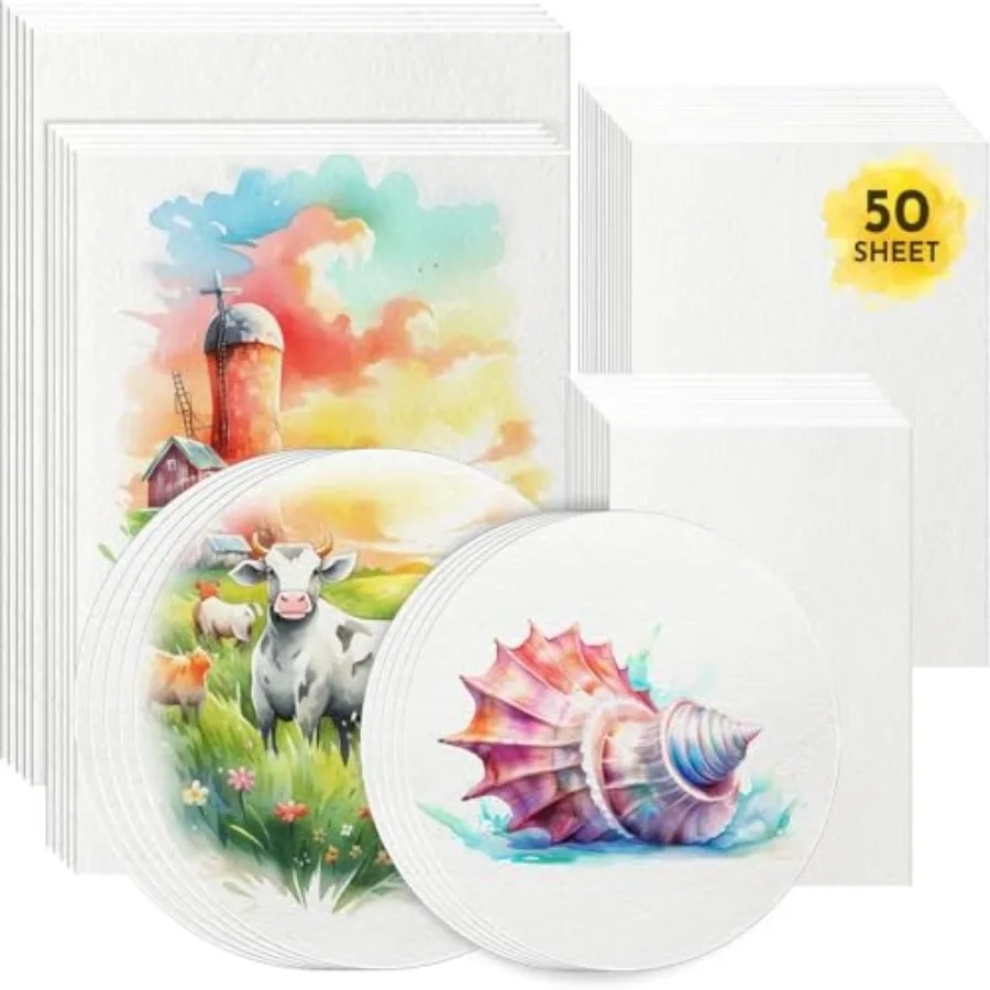 50 Sheets Watercolor Paper Bulk, 6 Sizes 9