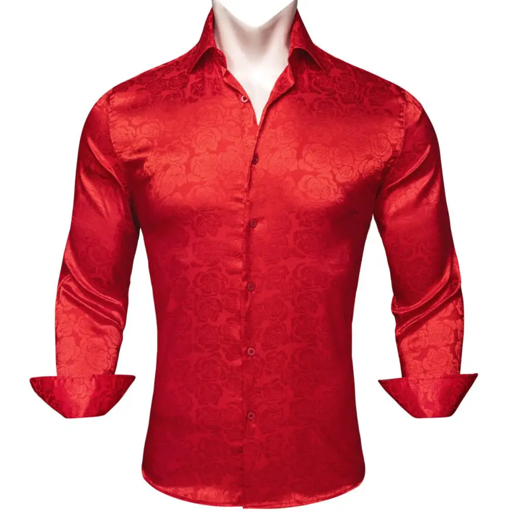 Silk Shirts for Men Red Burgundy Paisley Flower Long Sleeve Slim Fit Male Blouse Casual Lapel Clothes Tops Streetwear Barry Wang