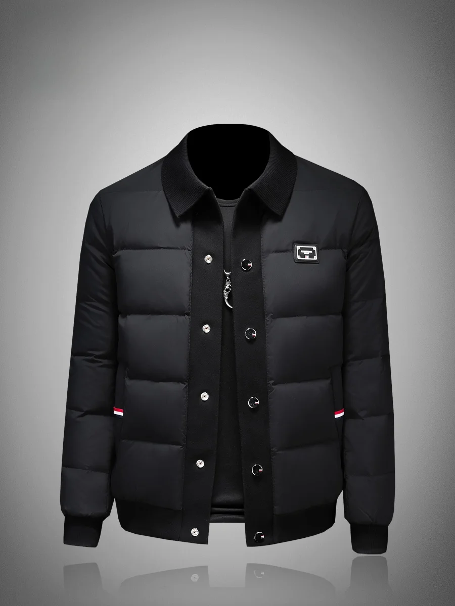 

Модная городская мужская короткая пуховая куртка с вязаным воротником-стойкой на одной пуговице, зимняя верхняя одежда, 90% полиэстер, белый цвет.